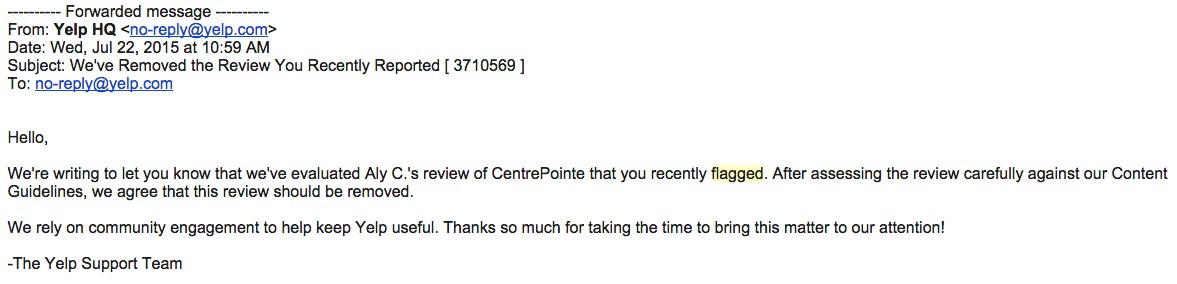 Email from Yelp confirming that a review was taken down.