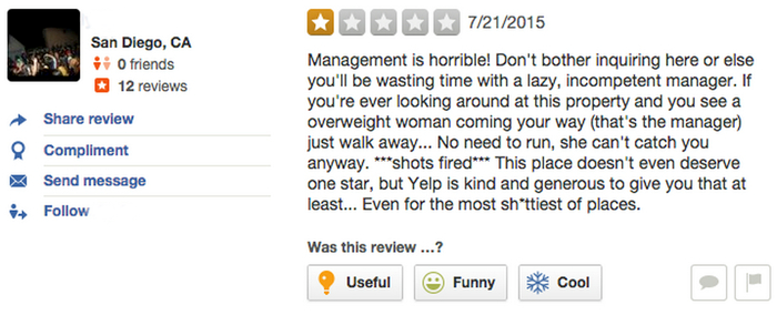Negative review on Yelp.