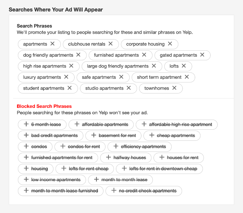 Negative Keywords Apartment Marketing Yelp GTMA