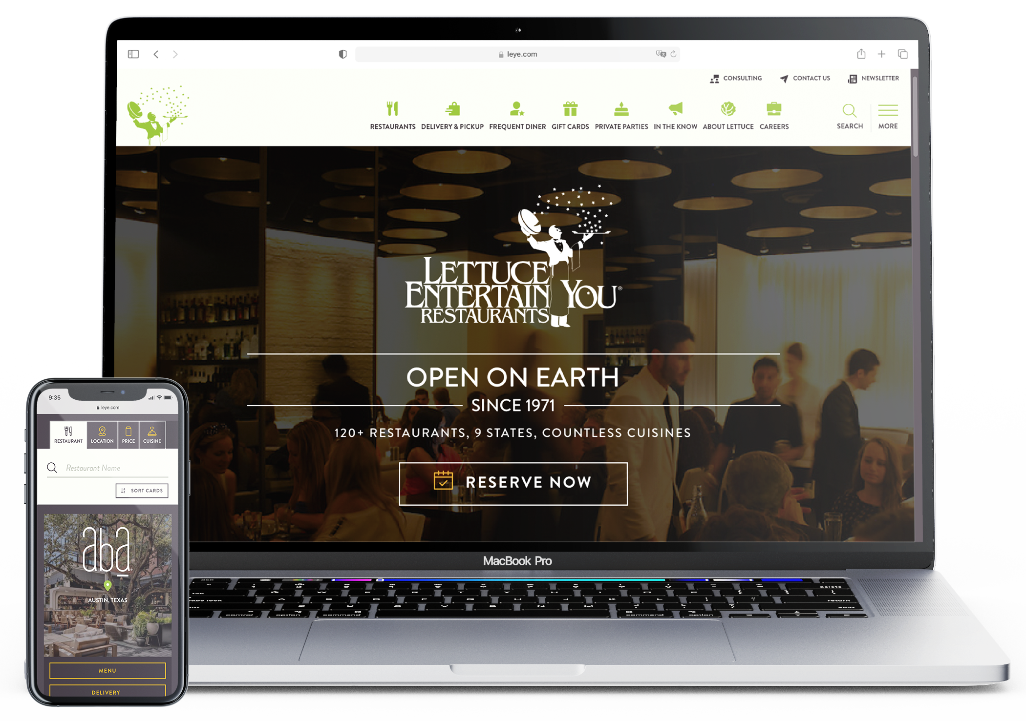 Website Mockup for Lettuce Entertain You Restaurants displayed on mobile and desktop.