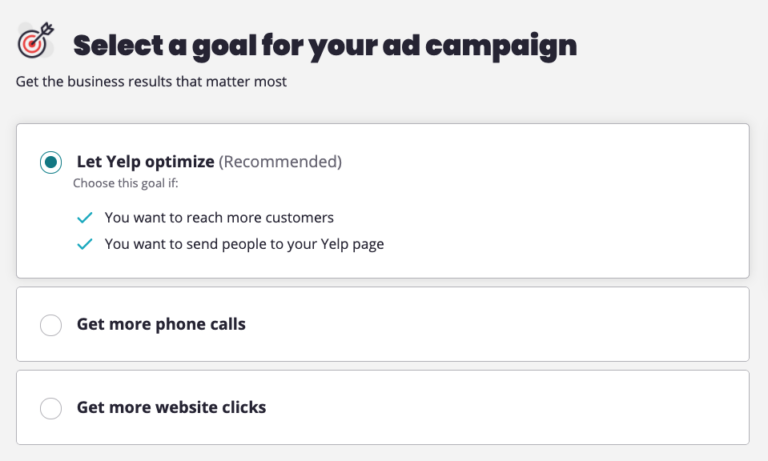 Yelp Campaign Goal Settings